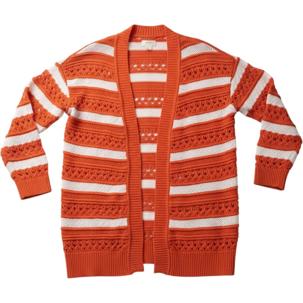 Maeve Anthropologie Orange White Striped Pointelle Knit Open Front Cardigan XXS